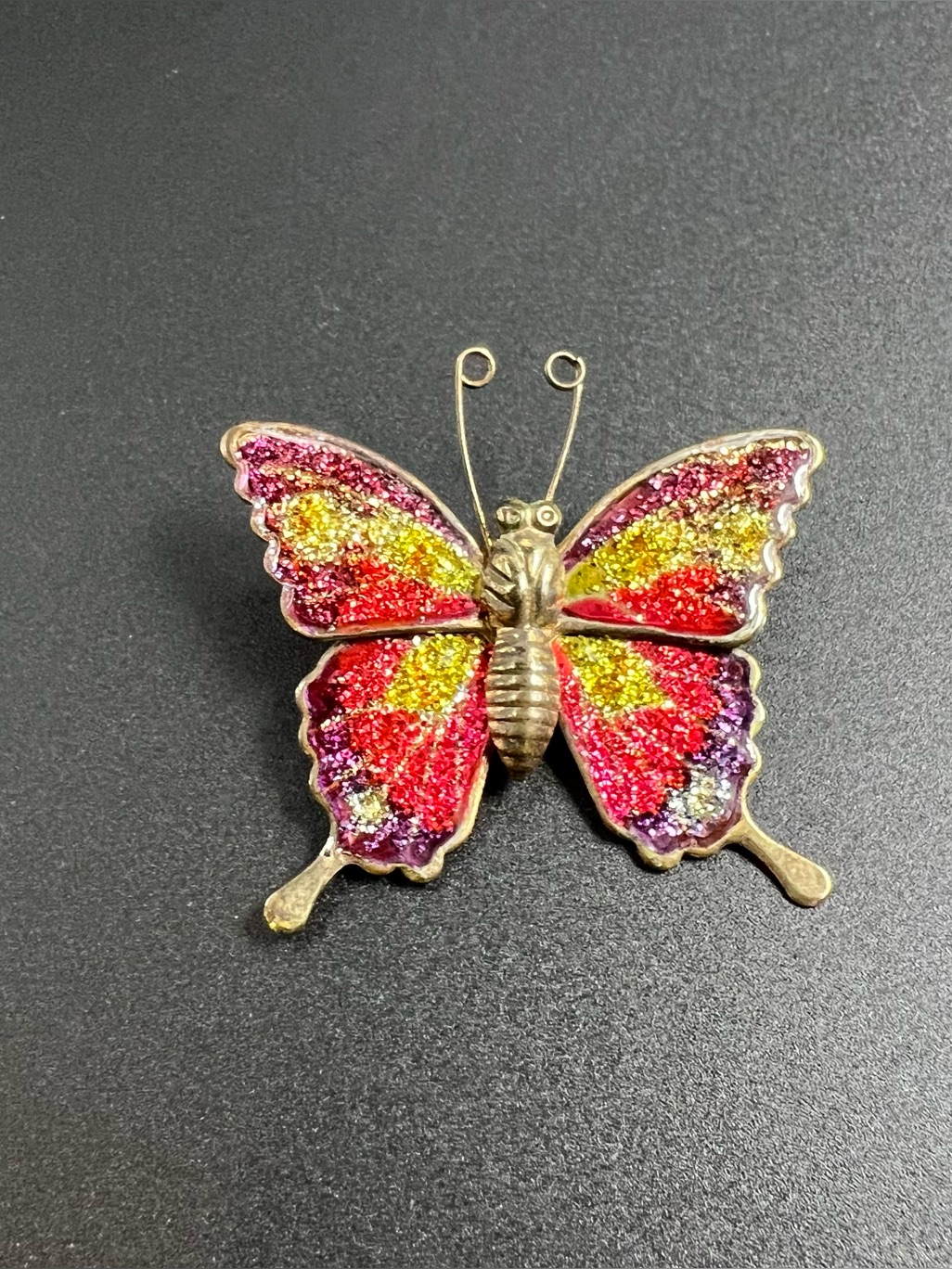 1970s Vintage Butterfly Brooch Lucite Sparkle Enamel Brass, Whimsymaxx Colorful